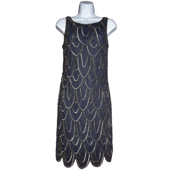 Prelude Beaded Gatsby Cocktail Party Dress Sz 6 Navy Blue Sparkly Party - Picture 1 of 16